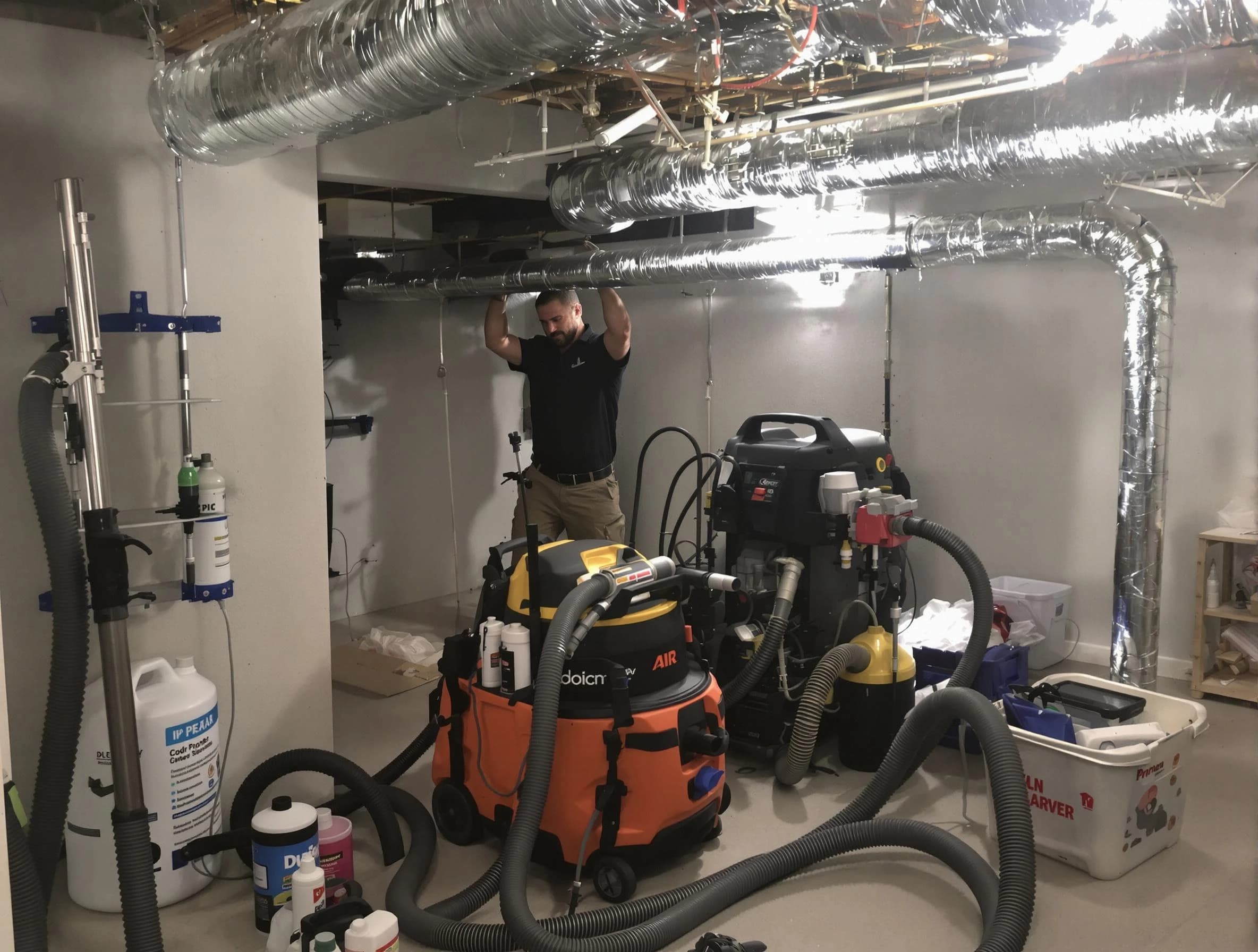 Applewood Air Duct Cleaning specialist performing professional mold removal from air ducts using safety equipment in Applewood